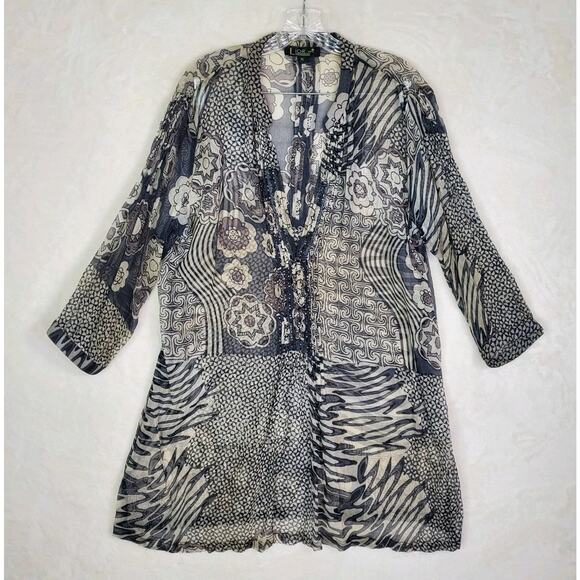 LIOR Paris Tops - Lior Paris Floral Mixed Print Sheer Button Tunic Top Women Sz XL Sequin Beaded